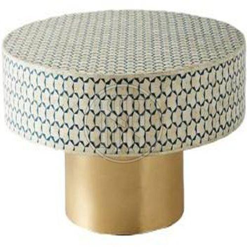 Round Coffee Table with White & Blue Geometric Inlay and Gold Pedestal Base