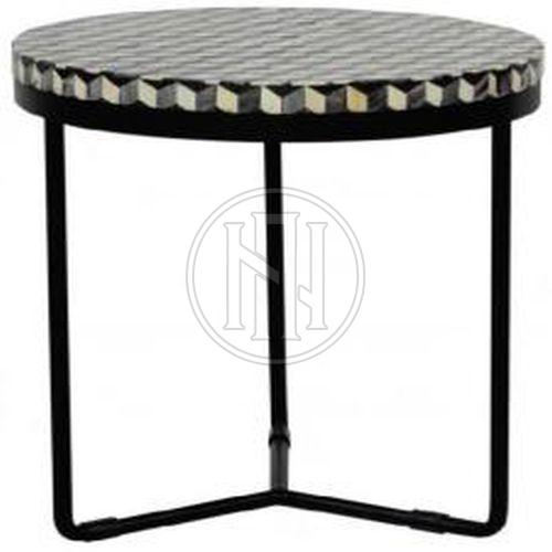 Black White Geometric Inlay Metal Legs Round End Table