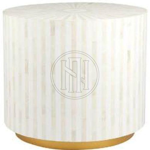 Round End Table with White Striped Inlay and Gold Base