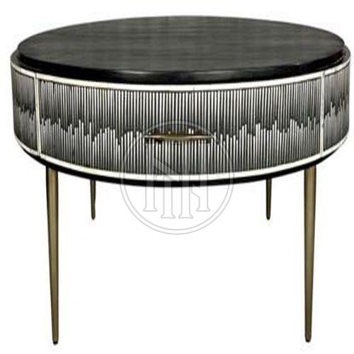 Black Striped Inlay Round Side Table with Sleek Metallic Legs