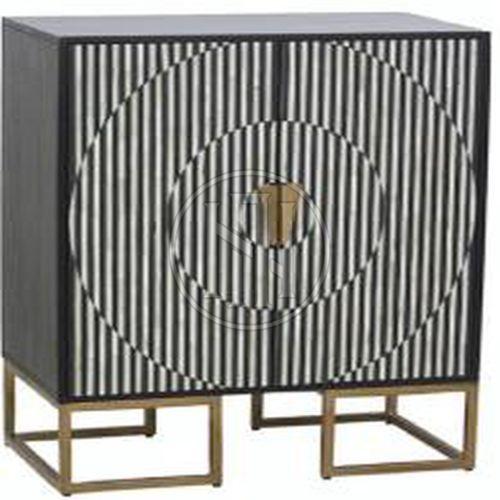 White and Cream Floral Pattern Bone Inlay Nightstand with Two Drawers