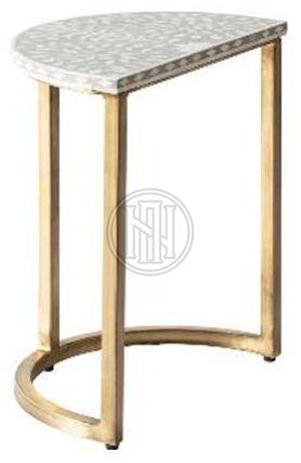 White and Grey Leaf Pattern Bone Inlay End Table with Gold Base