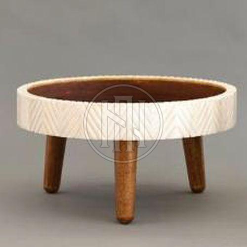 White Geometric Pattern Round Bone Inlay Cake Stand with Wood Legs
