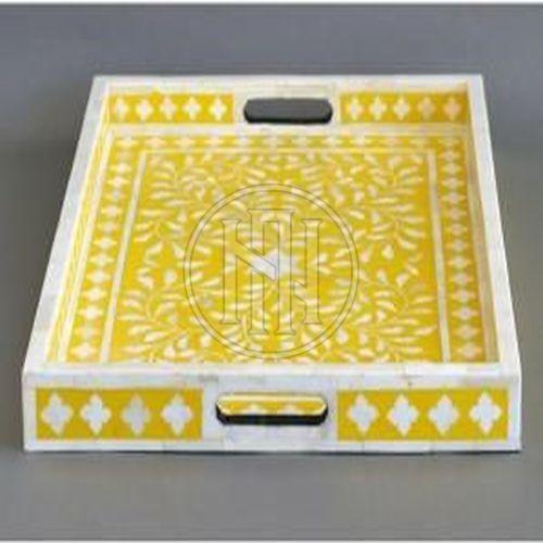 Yellow and White Floral Bone Inlay Tray with Handles