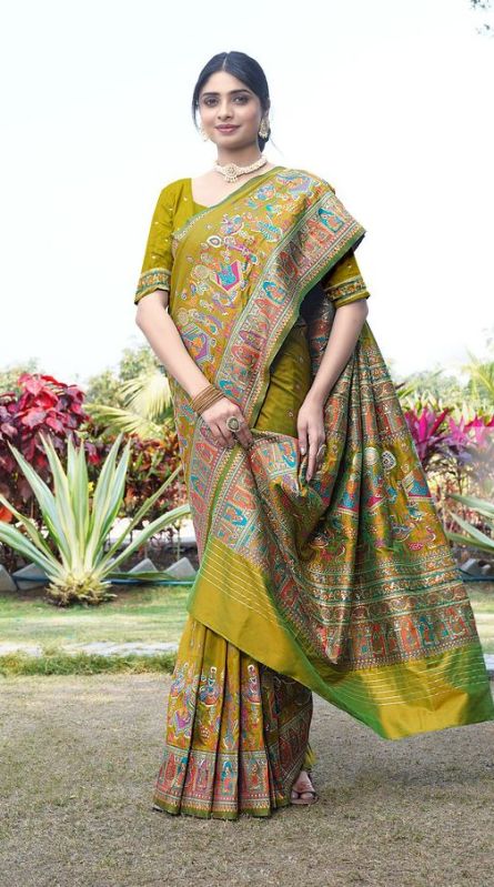 1403 Mehandi Green Pure Silk Saree With Pashmina Design