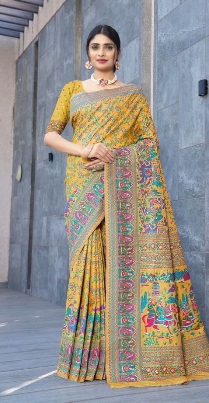 1404 Yellow Pure Silk Saree with Pashmina Design