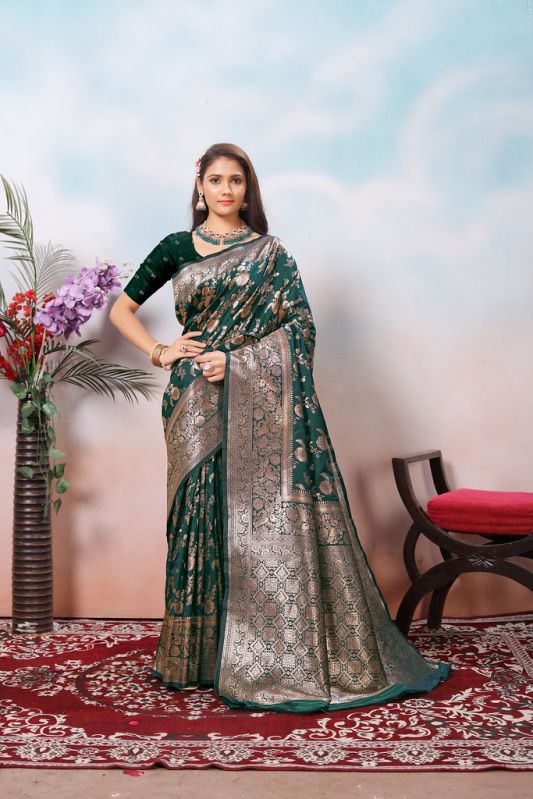 9732 Dark Green Jari Work Weaving Banarasi Soft Silk Saree