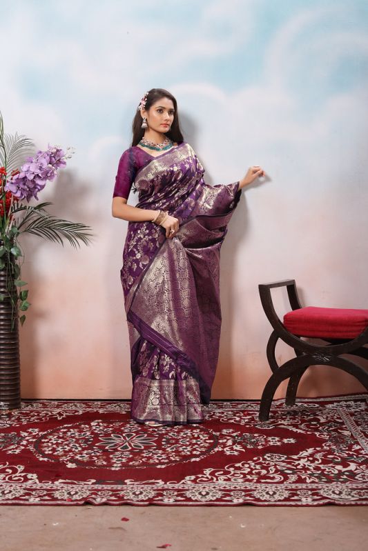 9732 Purple Jari Work Weaving Banarasi Soft Silk Saree