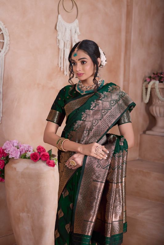 9726 Dark Green Jari Work Weaving Banarasi Soft Silk Saree