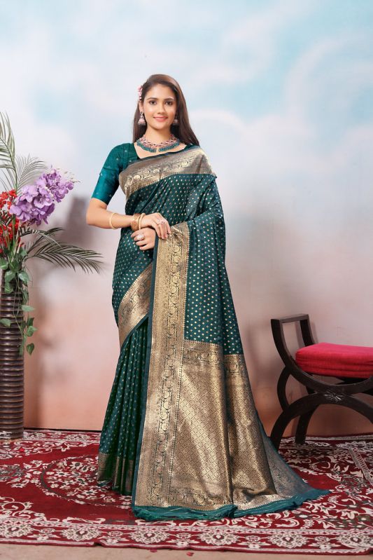 9726 Green Jari Work Weaving Banarasi Soft Silk Saree