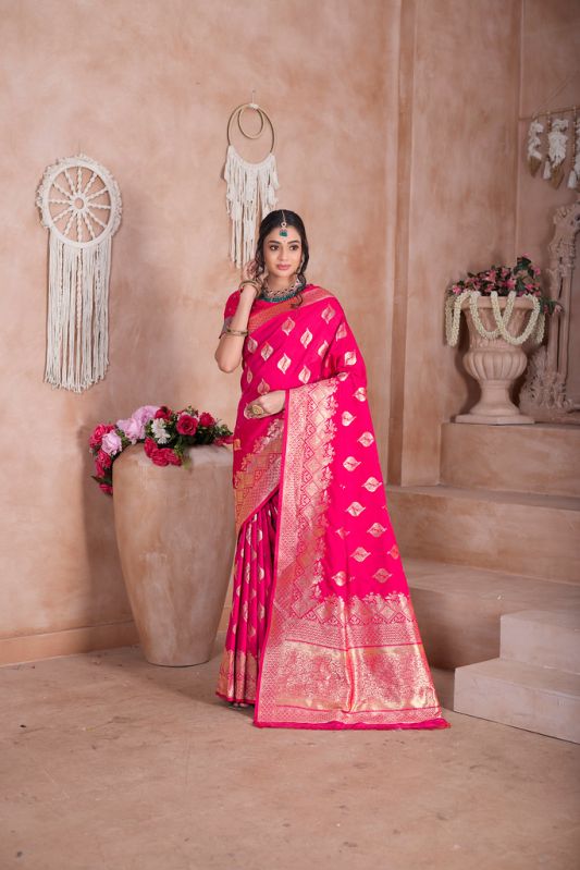 9726 Rani Pink Jari Work Weaving Banarasi Soft Silk Saree