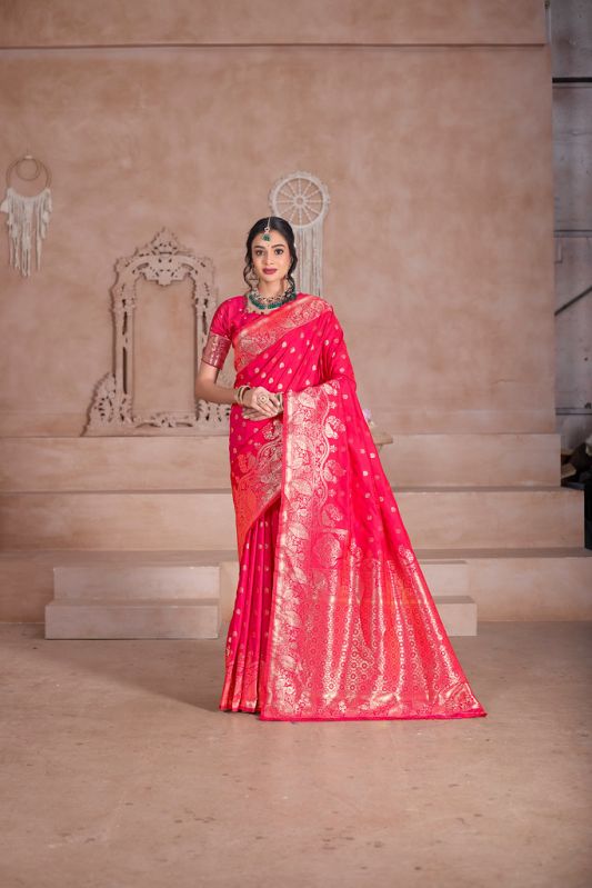 9733 Rani Pink Jari Work Weaving Banarasi Soft Silk Saree