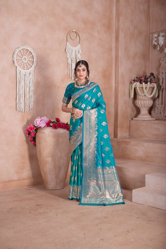 9726 Teal Blue Jari Work Weaving Banarasi Soft Silk Saree