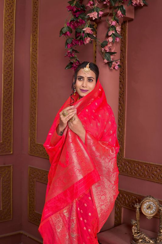 9735 Red Jari Work Weaving Banarasi Soft Silk Saree