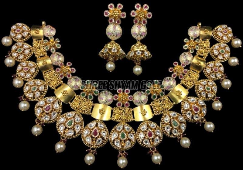 Royal Antique Multicolor Stone Embellished Gold Necklace Set