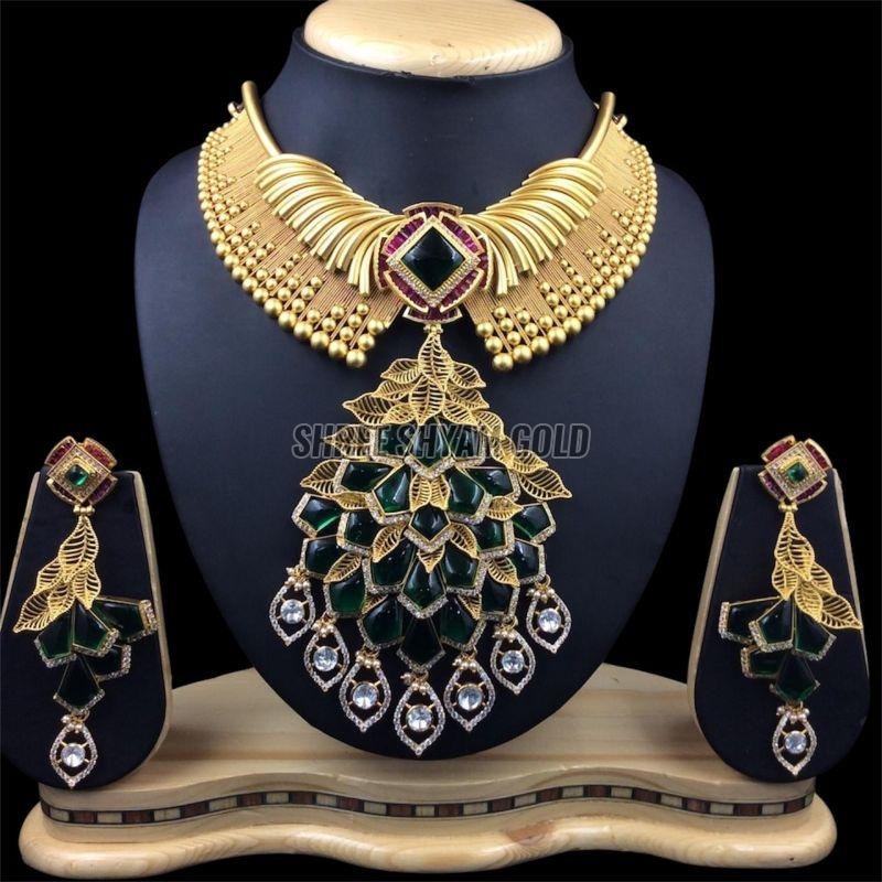 Royal Peacock Green Stone Designer Gold Necklace Set