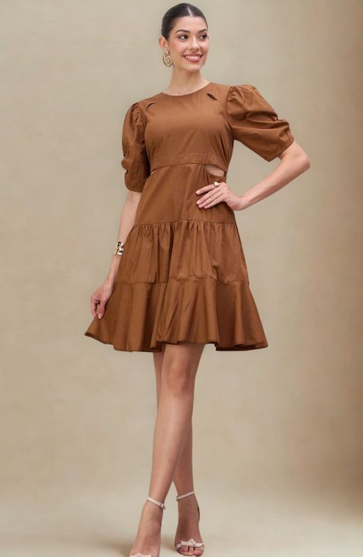 Round Neck Puff Sleeves Mini Dress