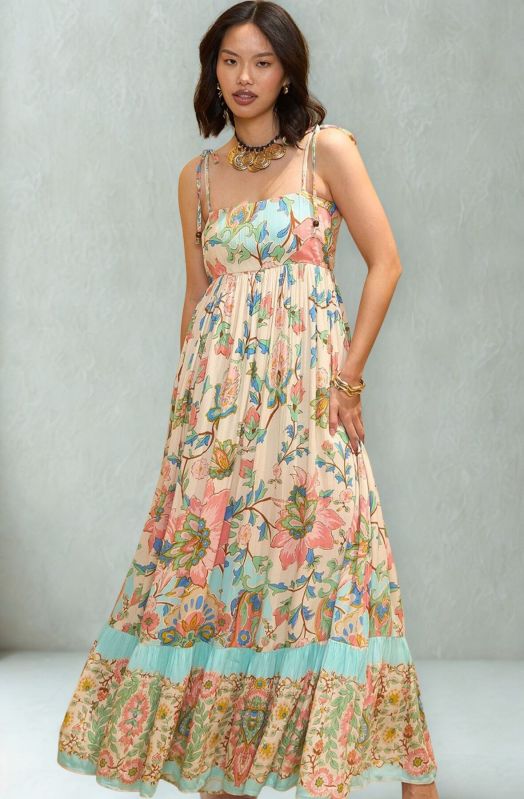 Flaral Print Tie Sholder Maxi Dress