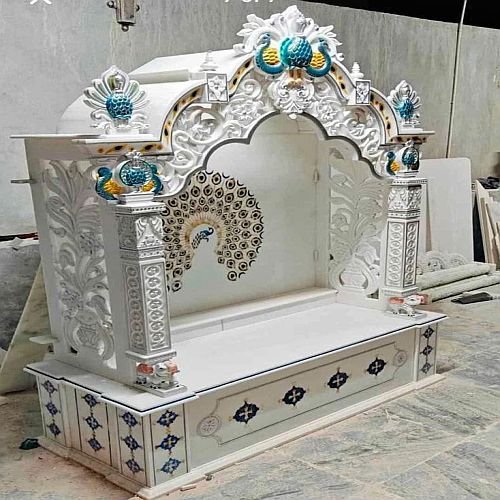 Multicolor Peacock Design White Marble Temple