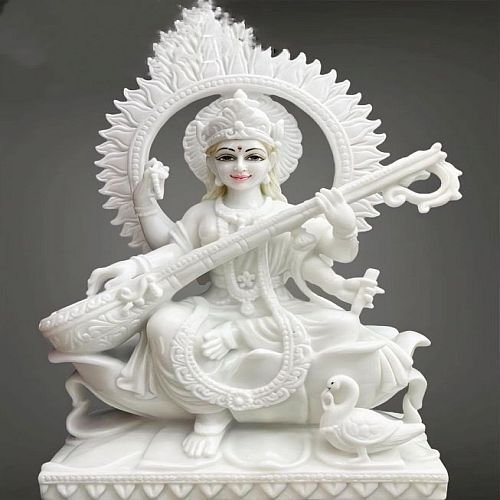 Polished White Marble Saraswati Mata Statue