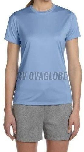 Ladies Sky Blue Round Neck Polyester T-Shirt