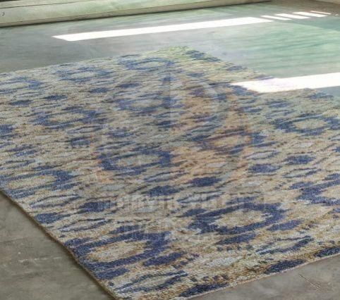 Abstract Blue and Beige Wool and Viscose Rug