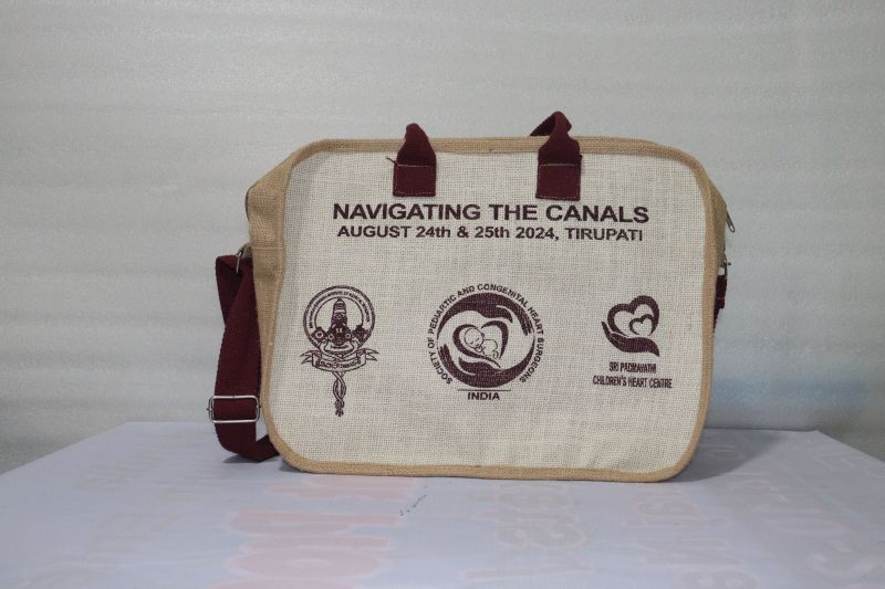 Brown Printed Jute Laptop Bag