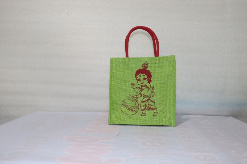 Green Krishna Print Handcrafted Jute Carry Bag