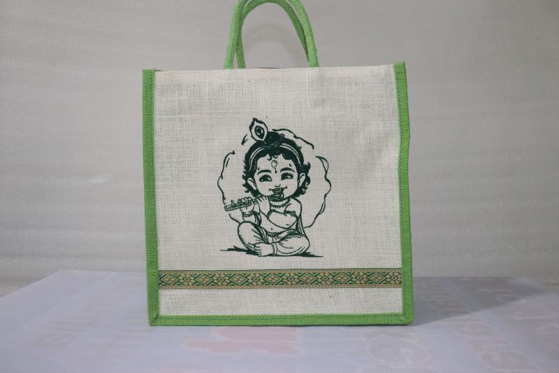 Off White Krishna Print Jute Grocery Bag