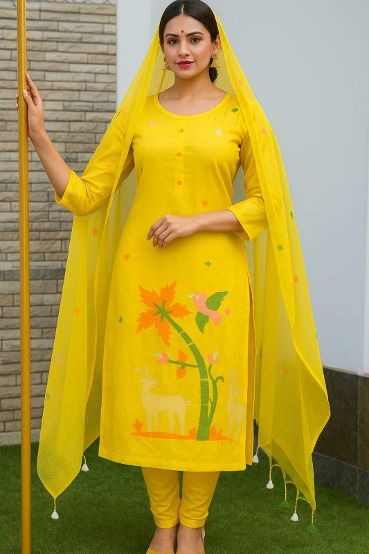 Ladies Yellow Handicrafts Work Kurta Pant Set