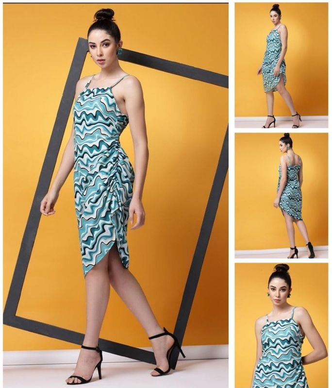Ladies Aqua Blue Abstract Asymmetrical Dress