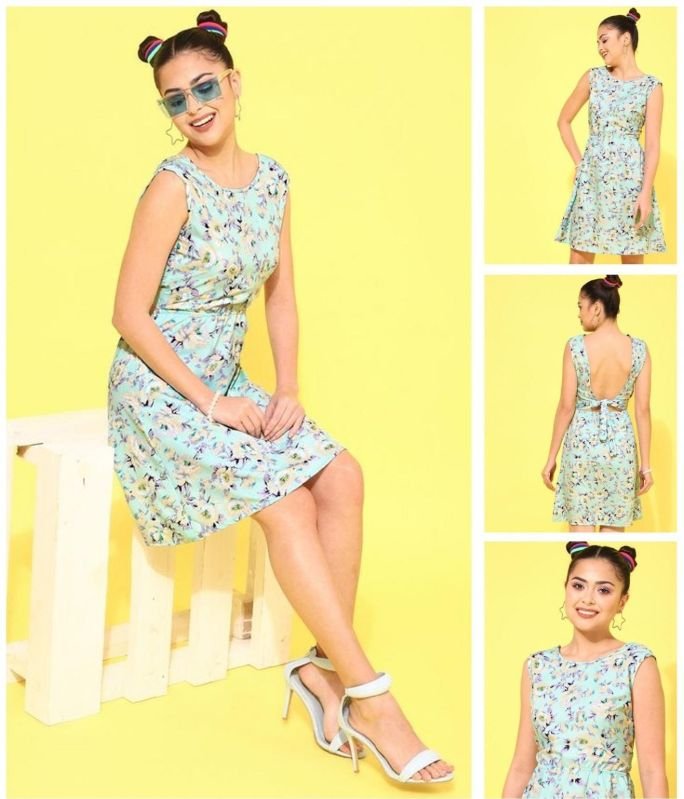 Ladies Aqua Blue Floral Sleeveless Dress
