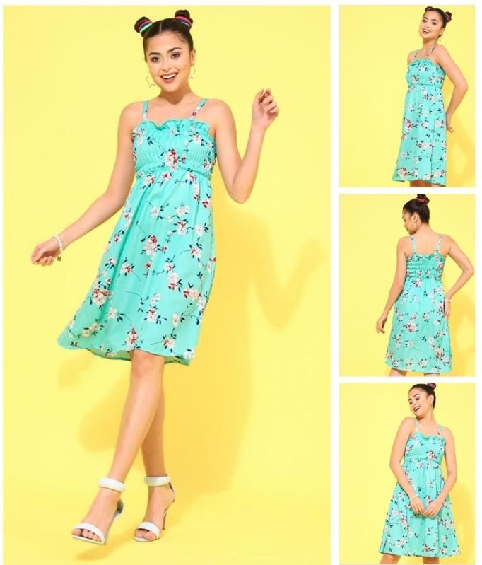 Ladies Aqua Blue Floral Flared Dress