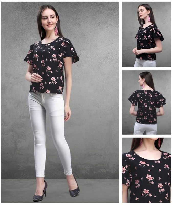 Ladies Black Floral Elegant Ruffle Sleeve Top