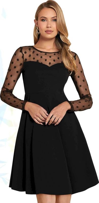 Ladies Black Mesh Sleeve Skater Dress