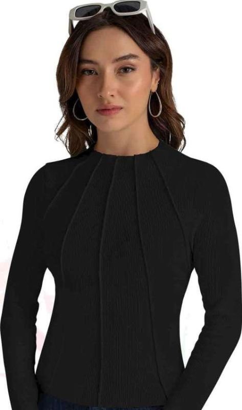 Ladies Black Pleated Rib Cotton Top