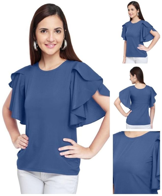 Ladies Blue Solid Elegant Ruffle Sleeve Top