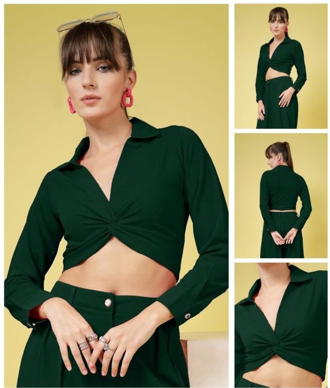 Ladies Forest Green Solid Twist Crop Shirt