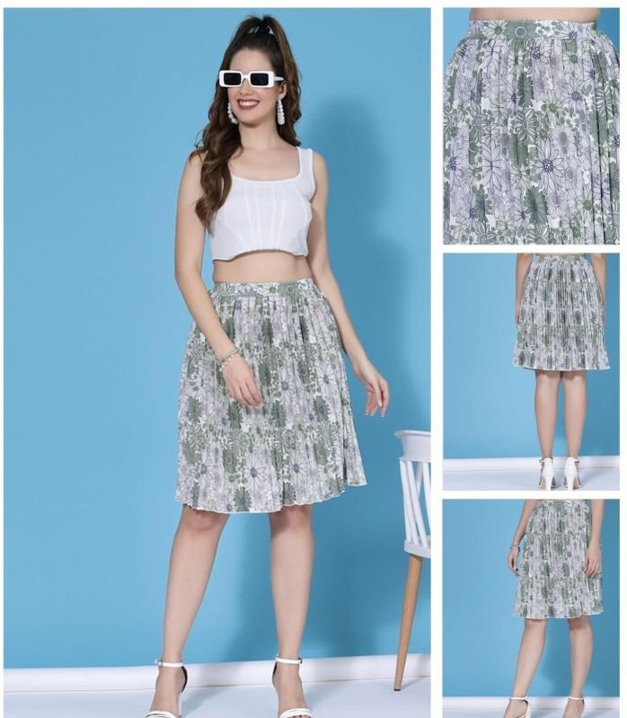 Ladies Green Floral Pleated Skirt