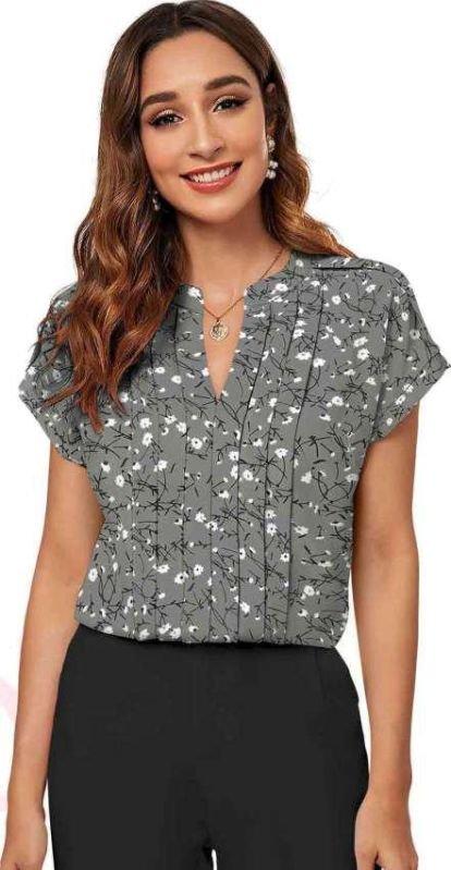 Ladies Grey Floral Printed V Neck Top