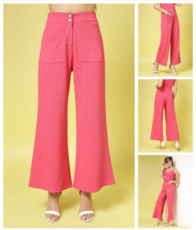 Ladies Hot Pink Solid Wide Leg Trousers