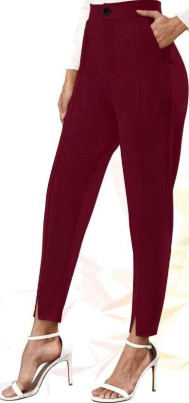 Ladies Maroon Solid Knitted Trousers