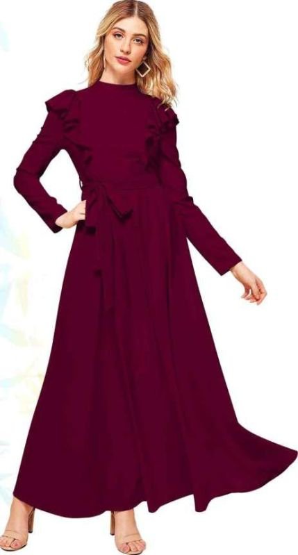 Ladies Maroon Ruffle Sleeve Elegant Long Gown
