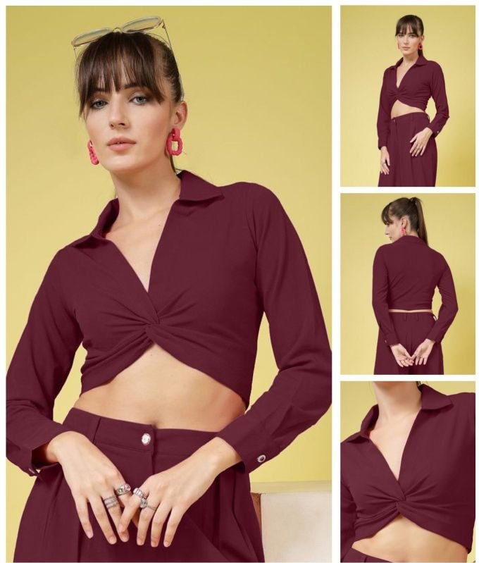Ladies Maroon Solid Front Twist Crop Shirt