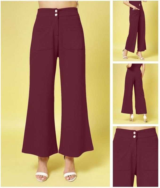Ladies Maroon Solid Wide Leg Trousers