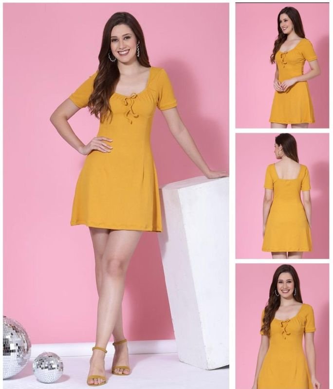 Ladies Mustard Yellow Ribbed Mini Dress