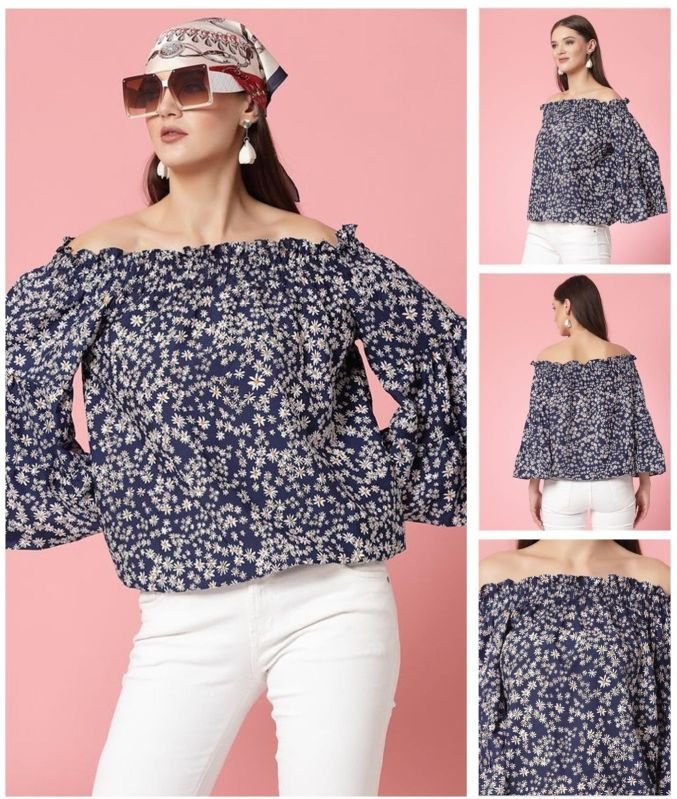 Ladies Navy Floral Smocked Off Shoulder Top