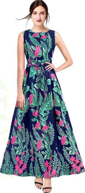 Ladies Navy Floral Printed Banglory Silk Gown