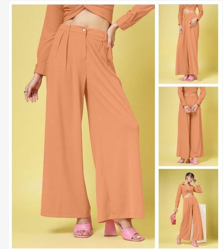 Ladies Peach Pleated Elegant Wide Leg Trousers