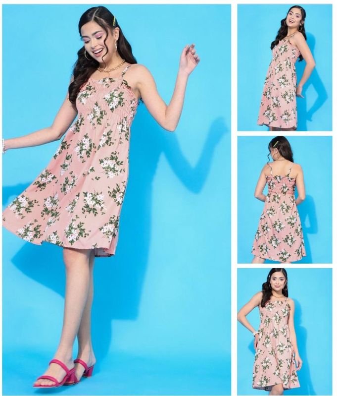 Ladies Pink Floral Flared Dress